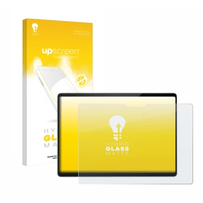 Face avant d’un emballage produit avec le logo de la marque upscreen. À côté, l’appareil Microsoft Surface Pro 11 est représen