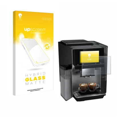 Face avant d’un emballage produit avec le logo de la marque upscreen. À côté, l’appareil Siemens EQ700 est représenté avec la 