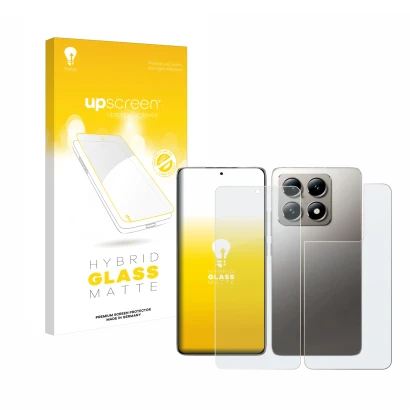 Face avant d’un emballage produit avec le logo de la marque upscreen. À côté, l’appareil Xiaomi 14T (Avant+Arrière) est représ