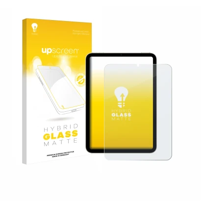 Face avant d’un emballage produit avec le logo de la marque upscreen. À côté, l’appareil Apple iPad Mini 7 WiFi 2024 est repré