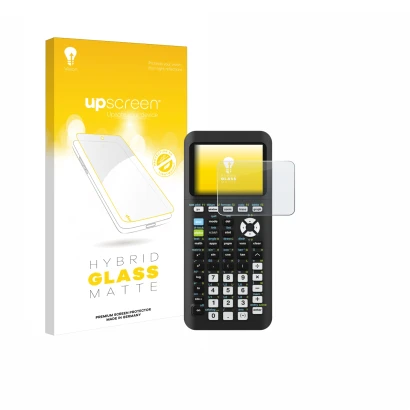 Face avant d’un emballage produit avec le logo de la marque upscreen. À côté, l’appareil Texas Instruments TI-84 Plus CE-T Pyt