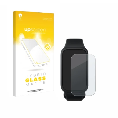 Face avant d’un emballage produit avec le logo de la marque upscreen. À côté, l’appareil Xiaomi Smart Band 9 Active est représ