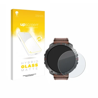 Face avant d’un emballage produit avec le logo de la marque upscreen. À côté, l’appareil Polar Grit X2 Pro Titan est représent