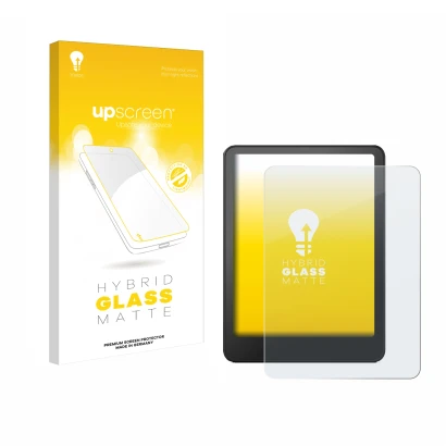 Face avant d’un emballage produit avec le logo de la marque upscreen. À côté, l’appareil Amazon Kindle Paperwhite 2024 Signatu