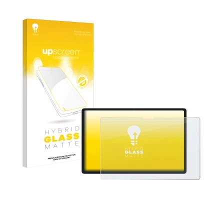 Face avant d’un emballage produit avec le logo de la marque upscreen. À côté, l’appareil Lenovo Yoga Tab 2025 est représenté a