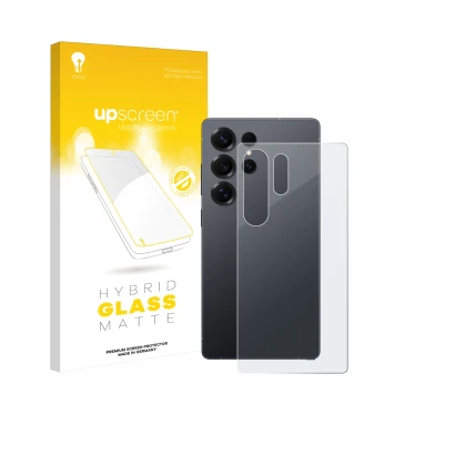 Face avant d’un emballage produit avec le logo de la marque upscreen. À côté, l’appareil Samsung Galaxy S25 Ultra (Arrière) es