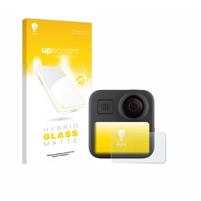 Face avant d’un emballage produit avec le logo de la marque upscreen. À côté, l’appareil GoPro Max (2025) est représenté avec 