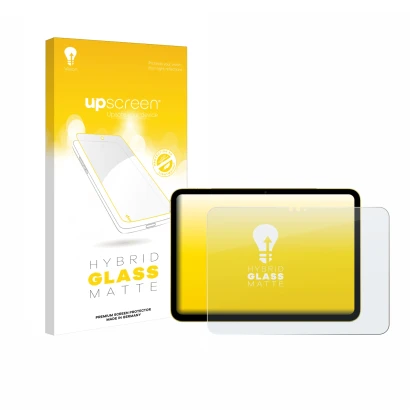 Face avant d’un emballage produit avec le logo de la marque upscreen. À côté, l’appareil Apple iPad Air 11