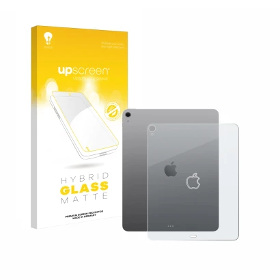 Face avant d’un emballage produit avec le logo de la marque upscreen. À côté, l’appareil Apple iPad Air 13" M3 2025 (Arrière) 