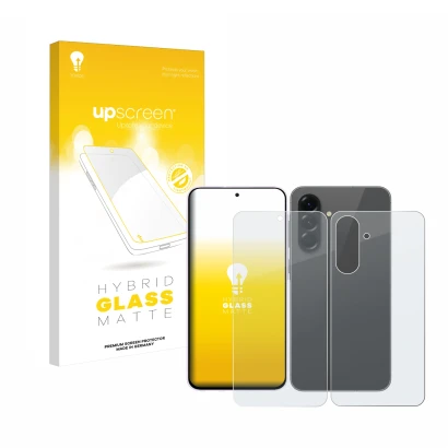 Face avant d’un emballage produit avec le logo de la marque upscreen. À côté, l’appareil Samsung Galaxy A56 5G (Avant+Arrière)