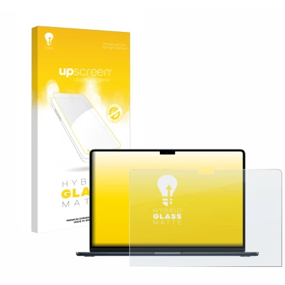 Face avant d’un emballage produit avec le logo de la marque upscreen. À côté, l’appareil Apple MacBook Air 15" M4 2025 est rep