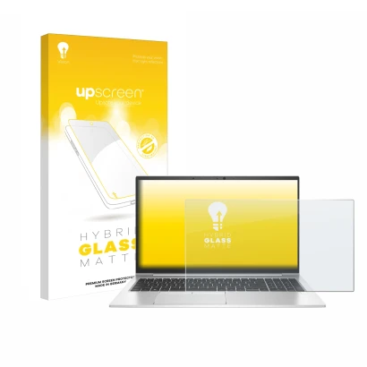 Face avant d’un emballage produit avec le logo de la marque upscreen. À côté, l’appareil HP EliteBook 855 G8 est représenté av