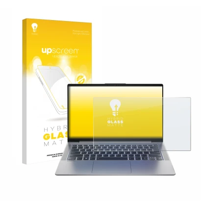 Face avant d’un emballage produit avec le logo de la marque upscreen. À côté, l’appareil Lenovo IdeaPad 5 14ALC05 est représen