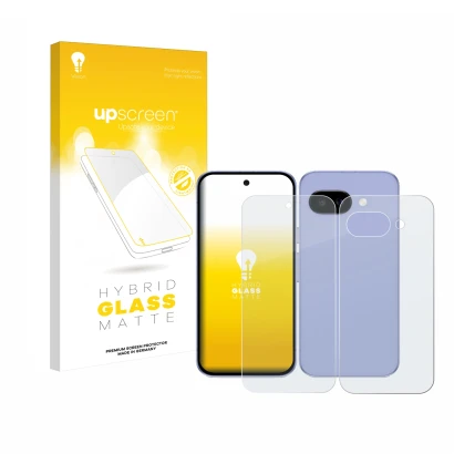 Face avant d’un emballage produit avec le logo de la marque upscreen. À côté, l’appareil Google Pixel 9a (Avant+Arrière) est r