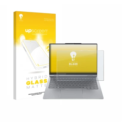 Face avant d’un emballage produit avec le logo de la marque upscreen. À côté, l’appareil Lenovo ThinkBook 14 2-in-1 Gen 5 est 