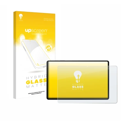 Face avant d’un emballage produit avec le logo de la marque upscreen. À côté, l’appareil Samsung Galaxy Tab S10 FE+ WiFi est r