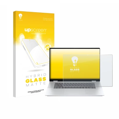 Face avant d’un emballage produit avec le logo de la marque upscreen. À côté, l’appareil HP OmniBook X Flip 16-aX est représen