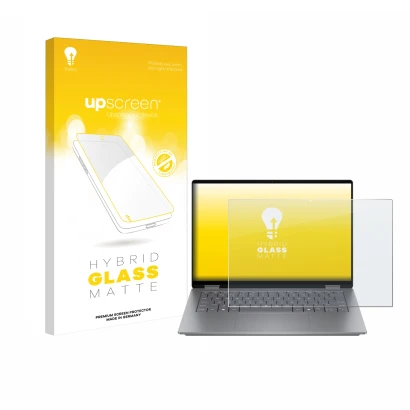 Face avant d’un emballage produit avec le logo de la marque upscreen. À côté, l’appareil HP OmniBook X Flip 14 est représenté 