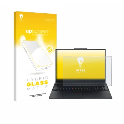 Face avant d’un emballage produit avec le logo de la marque upscreen. À côté, l’appareil Lenovo ThinkPad E16 Gen 3 est représe