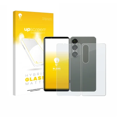 Face avant d’un emballage produit avec le logo de la marque upscreen. À côté, l’appareil Sony Xperia 1 VII (Avant+Arrière) est