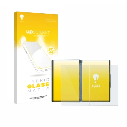 Face avant d’un emballage produit avec le logo de la marque upscreen. À côté, l’appareil Lenovo Yoga Book 9 14IAH10 est représ