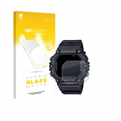 Face avant d’un emballage produit avec le logo de la marque upscreen. À côté, l’appareil Casio AE-1600H est représenté avec la