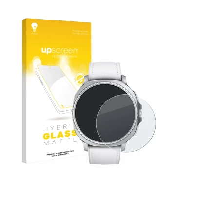 Face avant d’un emballage produit avec le logo de la marque upscreen. À côté, l’appareil Samsung Galaxy Watch 8 Classic (46 mm