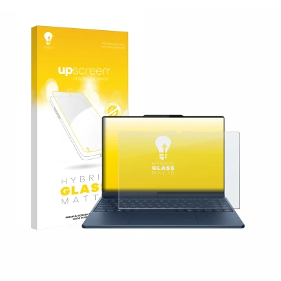 Face avant d’un emballage produit avec le logo de la marque upscreen. À côté, l’appareil Lenovo Yoga Pro 9i Gen 10 Aura Editio