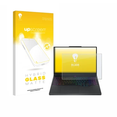 Face avant d’un emballage produit avec le logo de la marque upscreen. À côté, l’appareil Lenovo Legion 5 15IRX10 83LY est repr