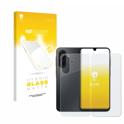 Face avant d’un emballage produit avec le logo de la marque upscreen. À côté, l’appareil Samsung Galaxy A17 5G (Avant+Arrière)