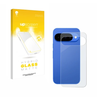 Face avant d’un emballage produit avec le logo de la marque upscreen. À côté, l’appareil Google Pixel 10 (Arrière) est représe