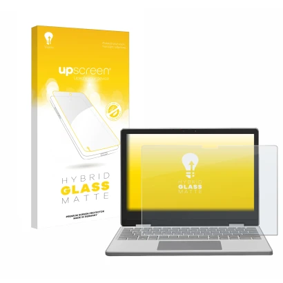 Face avant d’un emballage produit avec le logo de la marque upscreen. À côté, l’appareil Framework Laptop 12 est représenté av