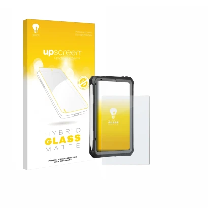 Face avant d’un emballage produit avec le logo de la marque upscreen. À côté, l’appareil Apple iPad Mini 7 2024 (case-friendly