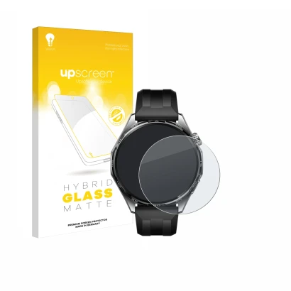 Face avant d’un emballage produit avec le logo de la marque upscreen. À côté, l’appareil Huawei Watch GT 6 (46 mm) est représe