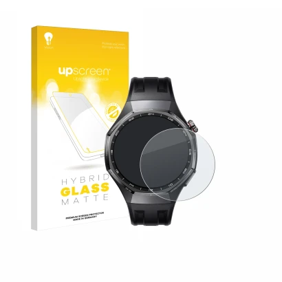 Face avant d’un emballage produit avec le logo de la marque upscreen. À côté, l’appareil Huawei Watch GT 6 Pro (46 mm) est rep
