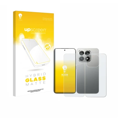 Face avant d’un emballage produit avec le logo de la marque upscreen. À côté, l’appareil Xiaomi 15T (Avant+Arrière) est représ