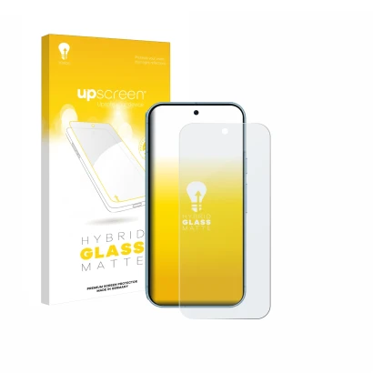 Face avant d’un emballage produit avec le logo de la marque upscreen. À côté, l’appareil Google Pixel 9 (case-friendly) est re