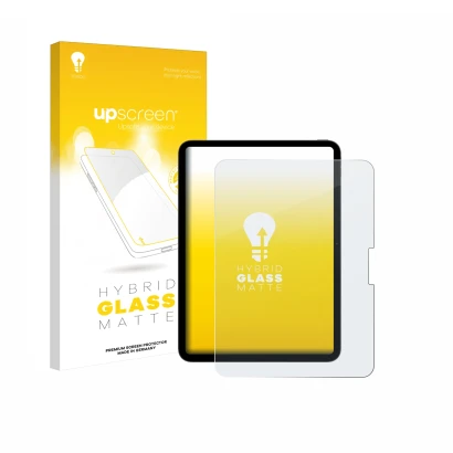 Face avant d’un emballage produit avec le logo de la marque upscreen. À côté, l’appareil Apple iPad Pro 11" 2025 est représent