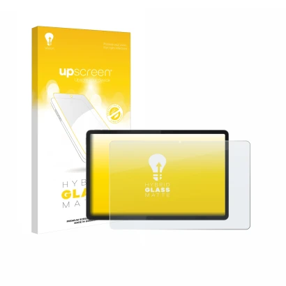 Face avant d’un emballage produit avec le logo de la marque upscreen. À côté, l’appareil Lenovo Idea Tab Plus 12.1