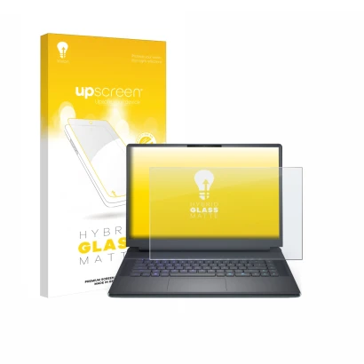 Face avant d’un emballage produit avec le logo de la marque upscreen. À côté, l’appareil Dell Alienware 16 Area-51 est représe