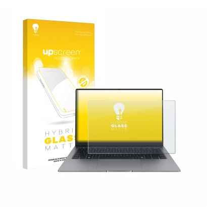 Face avant d’un emballage produit avec le logo de la marque upscreen. À côté, l’appareil Honor MagicBook X14 Plus 2025 est rep