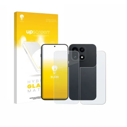 Face avant d’un emballage produit avec le logo de la marque upscreen. À côté, l’appareil OnePlus 15 (Avant+Arrière) est représ