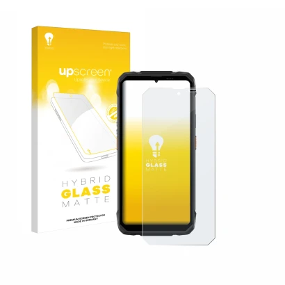 Face avant d’un emballage produit avec le logo de la marque upscreen. À côté, l’appareil Blackview Rock 1 est représenté avec 