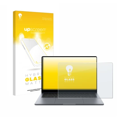 Face avant d’un emballage produit avec le logo de la marque upscreen. À côté, l’appareil Samsung Galaxy Book6 Ultra 16" est re