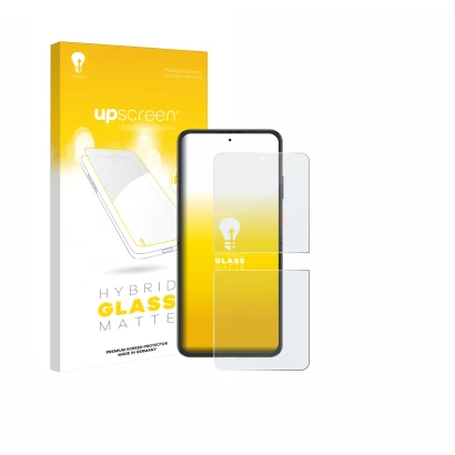 Face avant d’un emballage produit avec le logo de la marque upscreen. À côté, l’appareil Nubia Flip 2 est représenté avec la p