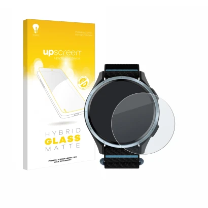 Face avant d’un emballage produit avec le logo de la marque upscreen. À côté, l’appareil Garmin Approach J1 est représenté ave