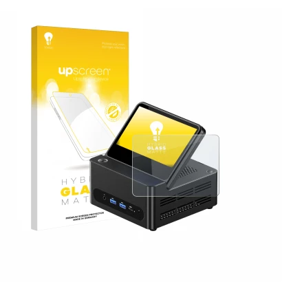 Face avant d’un emballage produit avec le logo de la marque upscreen. À côté, l’appareil AOOSTAR ‎G-FLIP H255 est représenté a