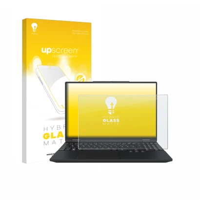 Face avant d’un emballage produit avec le logo de la marque upscreen. À côté, l’appareil Tuxedo InfinityBook Max 15 Gen 10 est