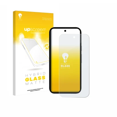 Face avant d’un emballage produit avec le logo de la marque upscreen. À côté, l’appareil Google Pixel 10a est représenté avec 