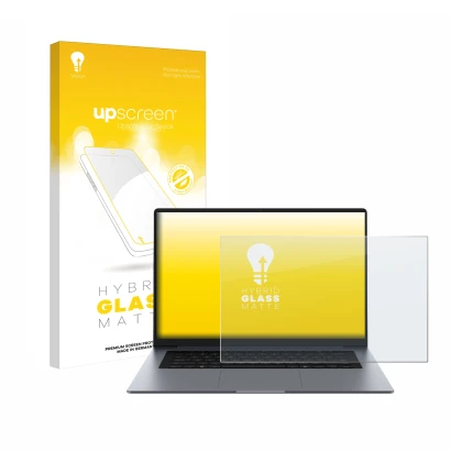 Face avant d’un emballage produit avec le logo de la marque upscreen. À côté, l’appareil Samsung Galaxy Book6 16" est représen